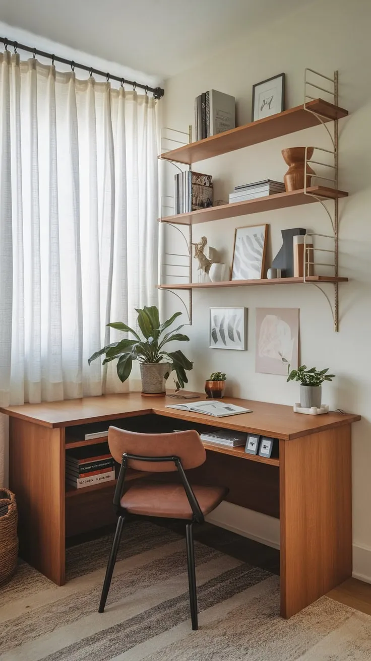 A cozy corner desk nestled in a small space maximizes functionality with wood accents, greenery, and curated shelving for a productive yet stylish home office
