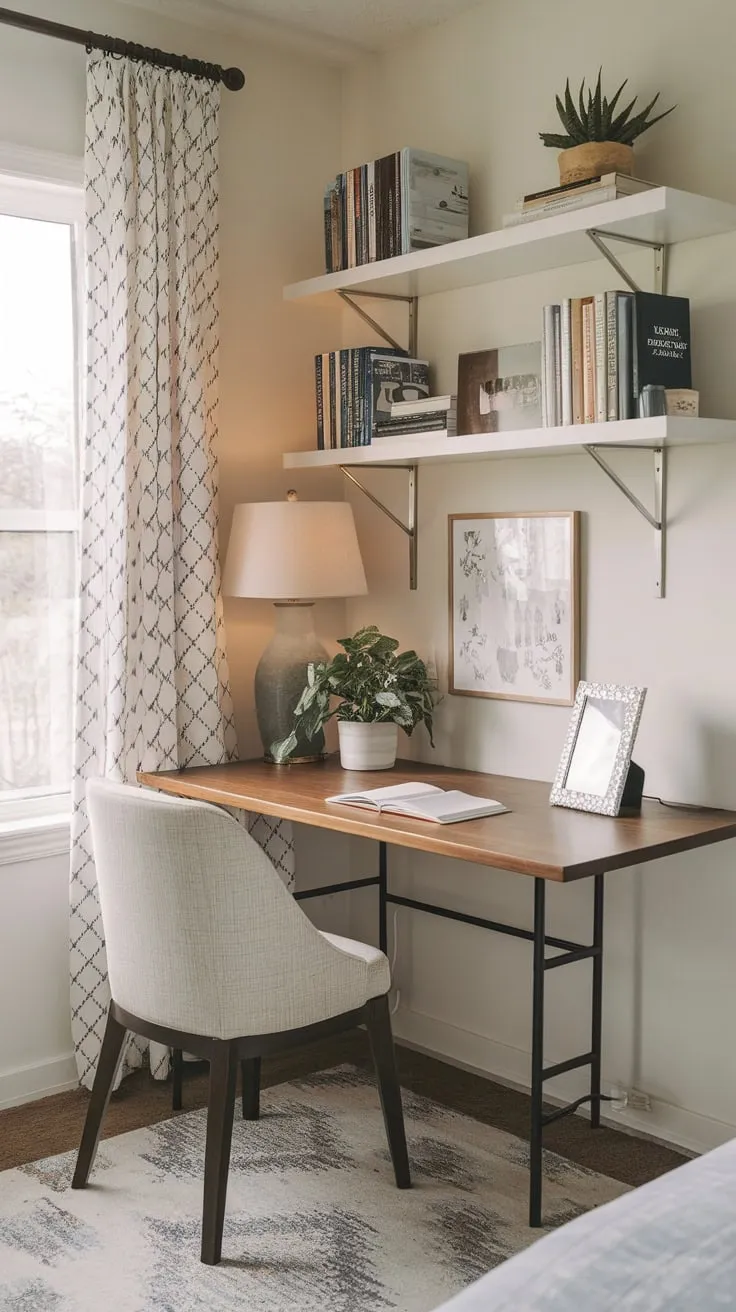 A small bedroom cleverly incorporates a workspace featuring a wooden desk, bookshelves, and inviting decor.