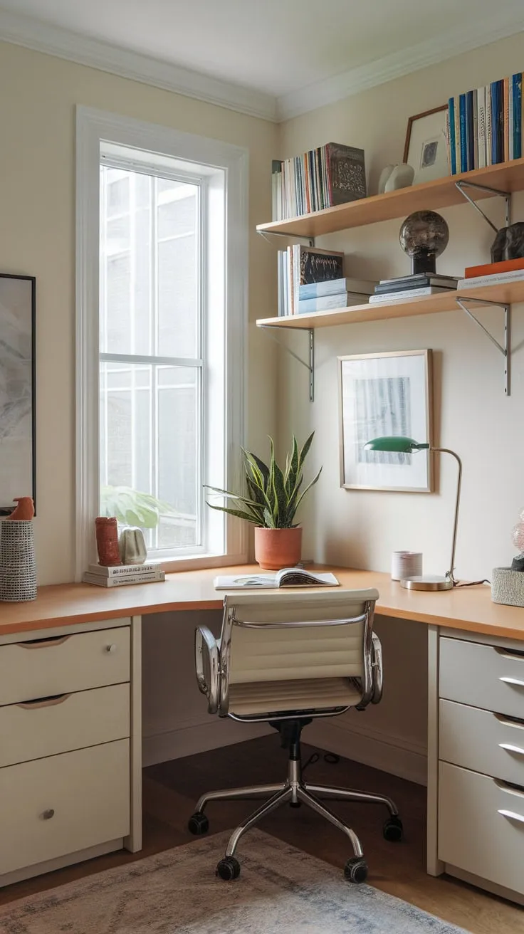 Maximize a small space with a bright corner desk setup featuring a window view, essential supplies, and tasteful décor.