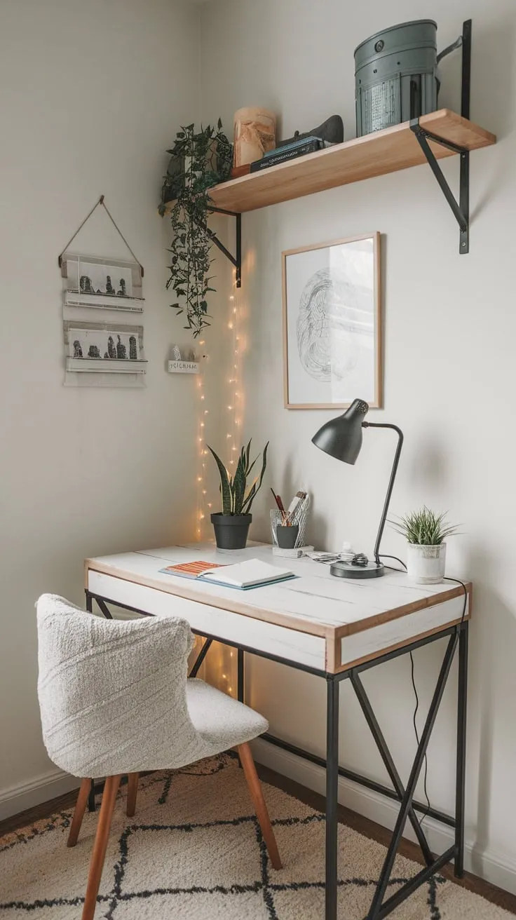 A stylish and functional home office maximizes a small corner with a minimalist desk, floating shelf, and warm decor.