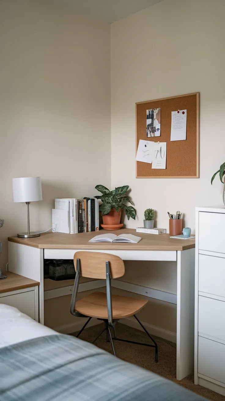A cozy bedroom seamlessly integrates a small workspace featuring a white corner desk, adding functionality without sacrificing comfort