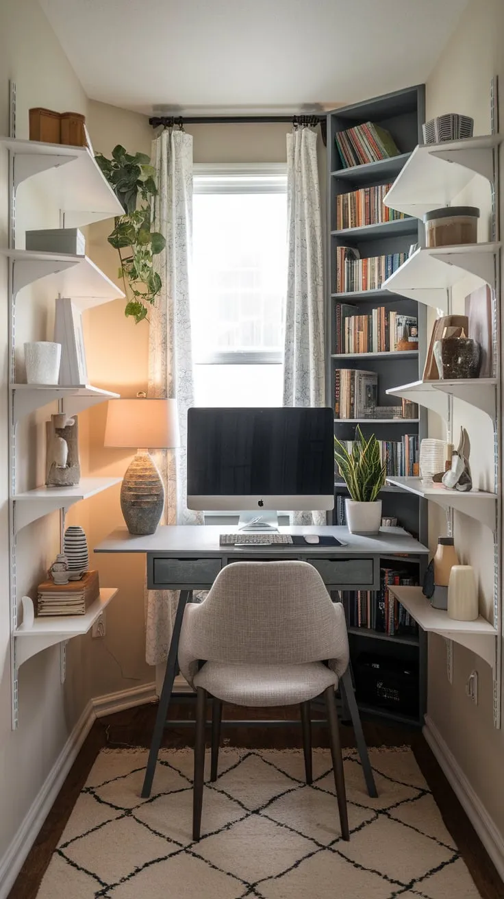 Maximize a small space with a corner desk setup featuring integrated shelving, a cozy rug, and personal touches for a functional and stylish home office
