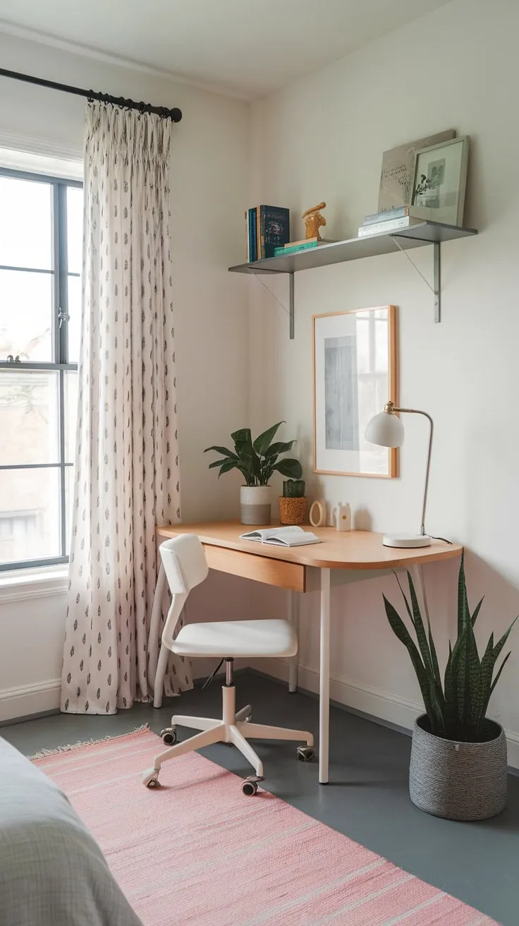 A cozy corner desk nestled in a bedroom boasts a minimalist workspace with pops of pink and natural light, perfect for a small home office.