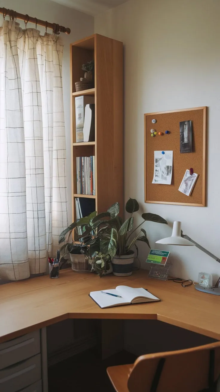 A cozy and productive workspace is created in a small room corner using an L-shaped desk and clever storage solutions