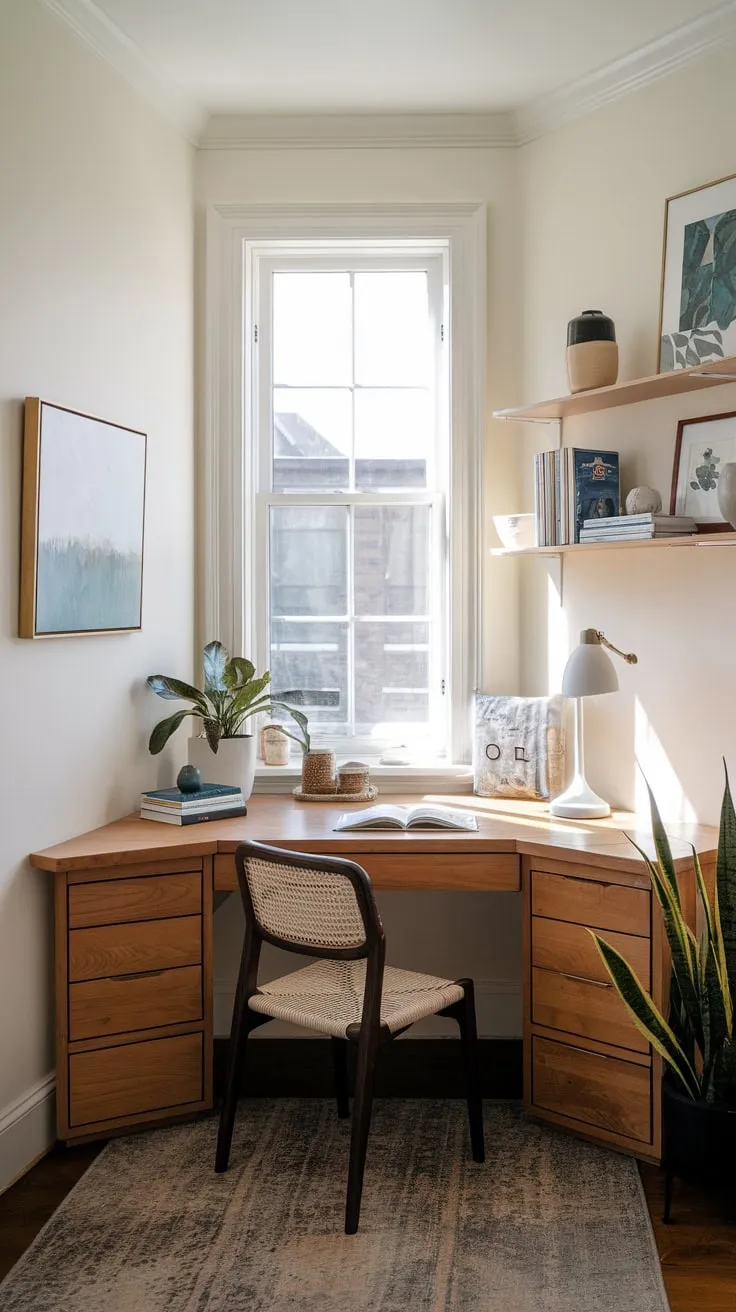 A charming corner desk transforms a small space into a functional and inviting home office, enhanced by natural light and personal touches.