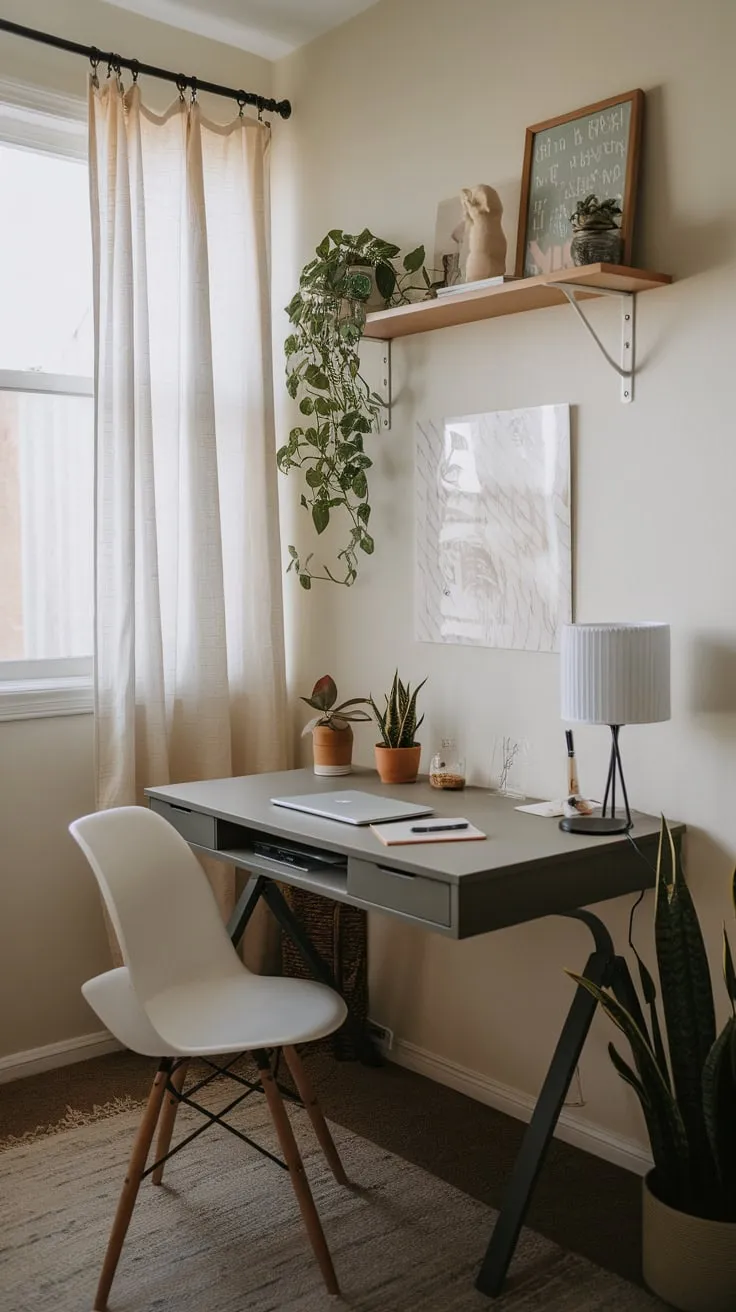 Maximize your small space with a cozy and functional home office setup featuring a corner desk, natural light, and personal touches.