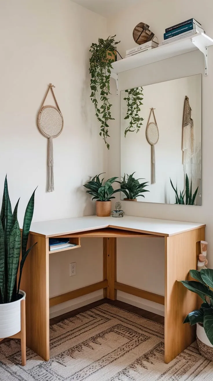 A small corner desk, adorned with greenery and a mirror, maximizes space and style in this compact home office