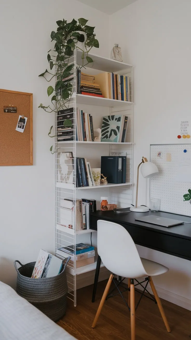 A stylish and functional small home office maximizes a bedroom corner with a black desk, white bookshelf, and clever storage solutions.