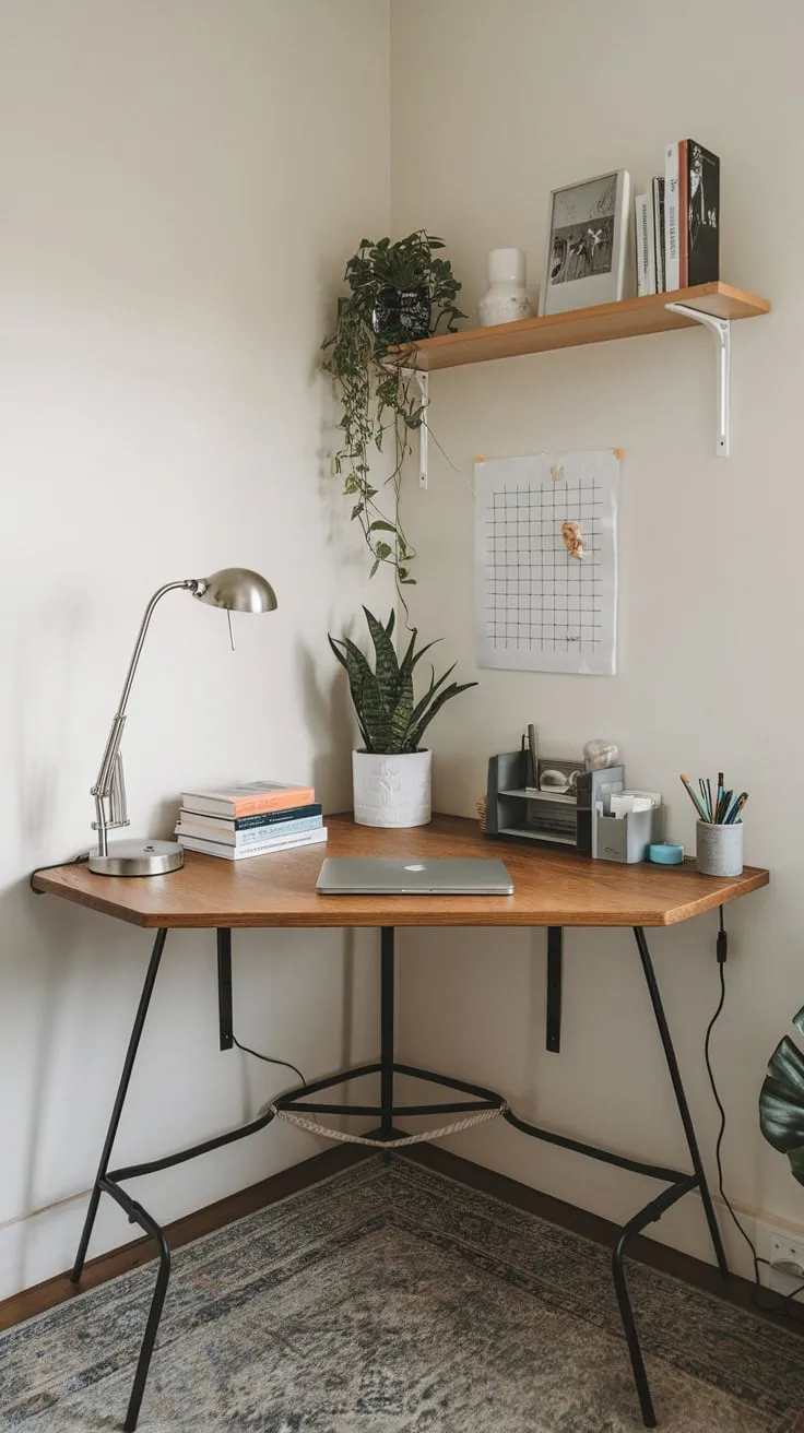 A cozy corner desk maximizes a small space with essential work tools and personal touches, creating a functional and inviting home office.