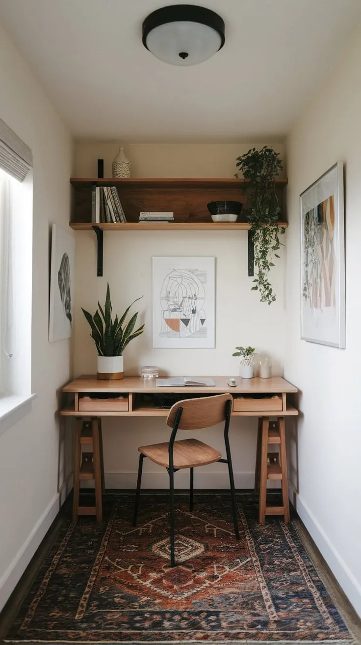 Maximize a small space with a cozy corner wood desk, adding personality through art and plants.