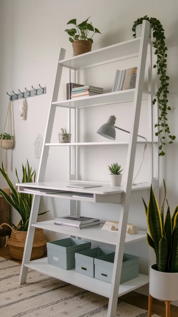 Maximize a tiny space with a stylish white ladder shelf home office featuring a compact desk, greenery, and clever wall organization.