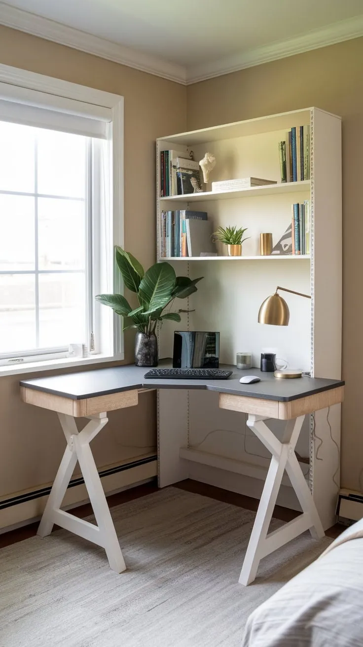 A bright bedroom corner transforms into a functional workspace with a minimalist desk, natural light, and stylish accents.