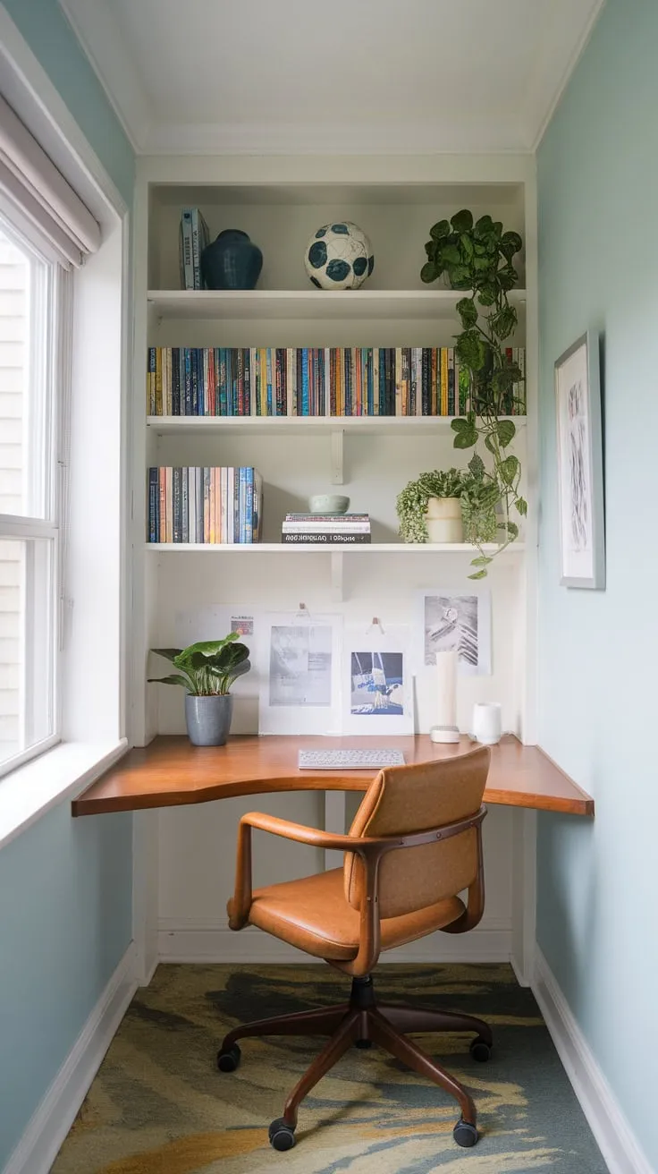 A light blue haven boasts a window-side corner desk, green plant, and white bookshelf, maximizing small-space home office potential