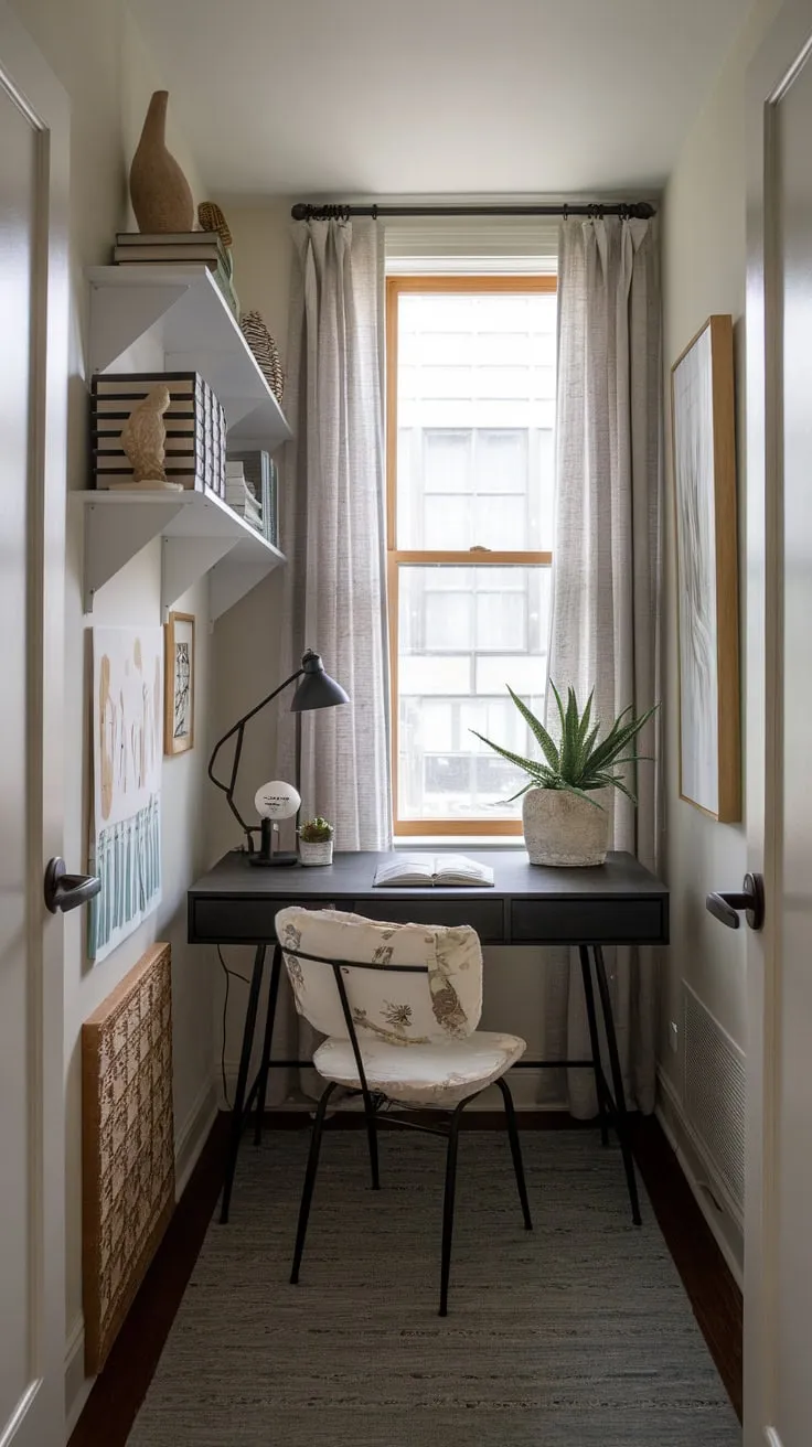 Maximize your small space with a cozy and functional home office featuring a corner desk, stylish shelving, and natural light.