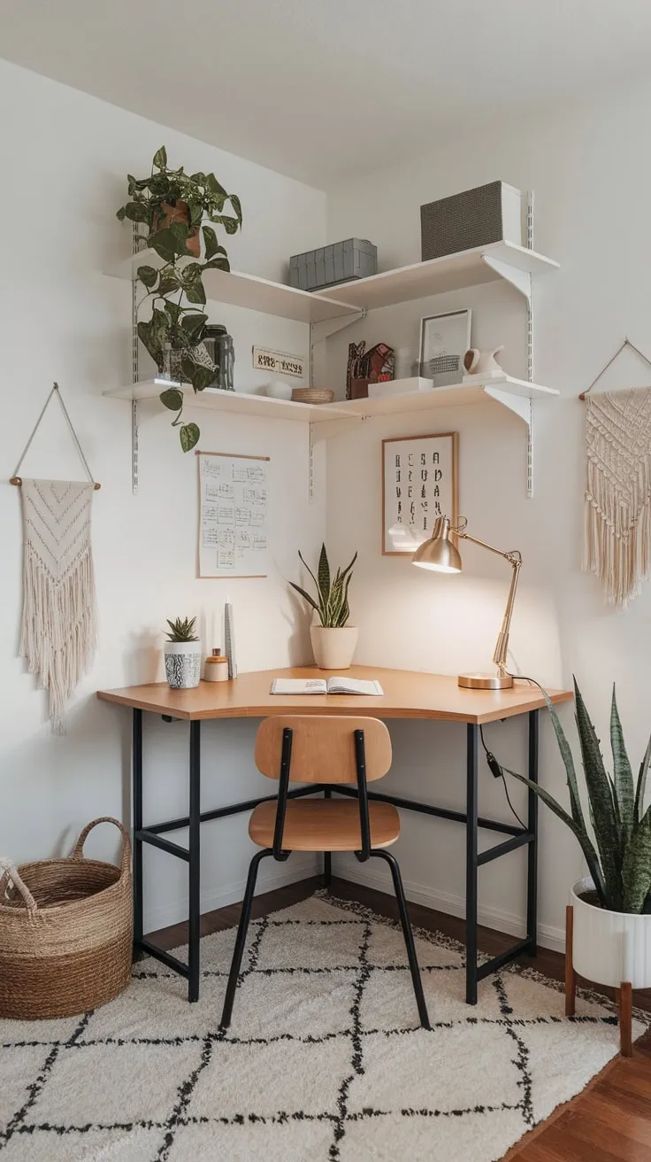Maximize your small space with a well-organized home office featuring a corner desk and clever storage solutions.