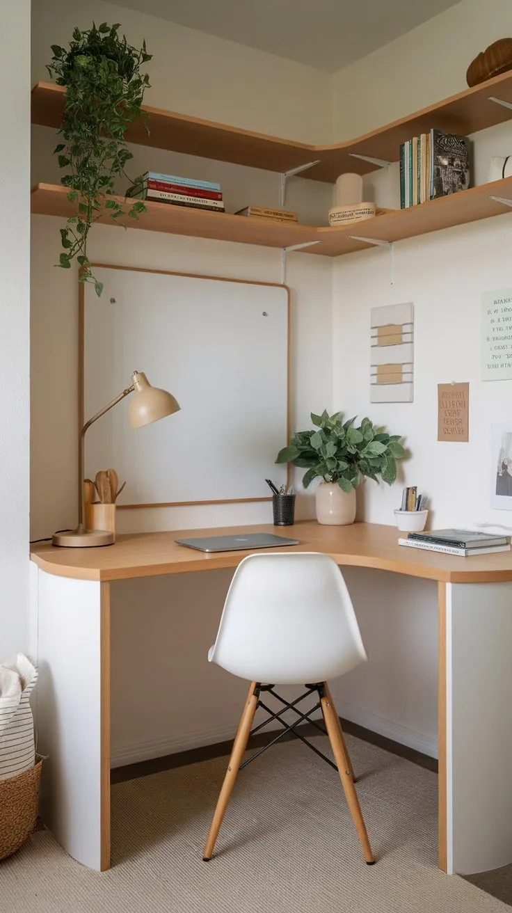A cozy and productive workspace is created in a small room using a corner desk, simple decorations, and a few personal touches.