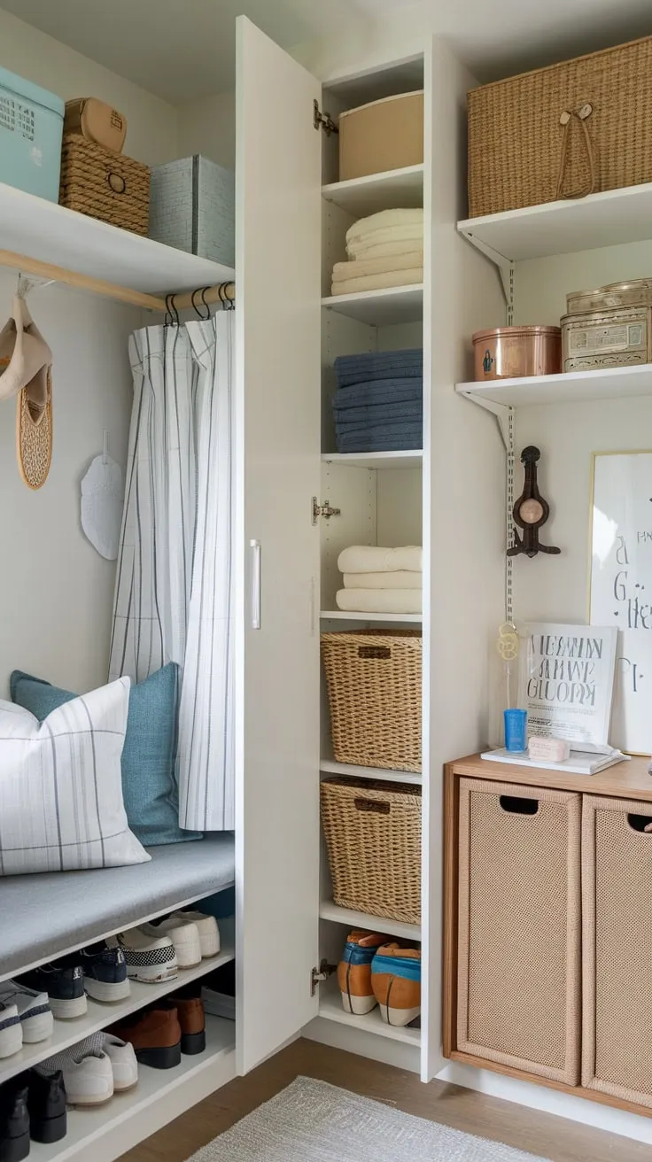Maximize your small space with clever storage solutions like hidden shoe storage, concealed laundry, vertical shelving, and a DIY narrow cabinet, keeping everything organized and easily accessible