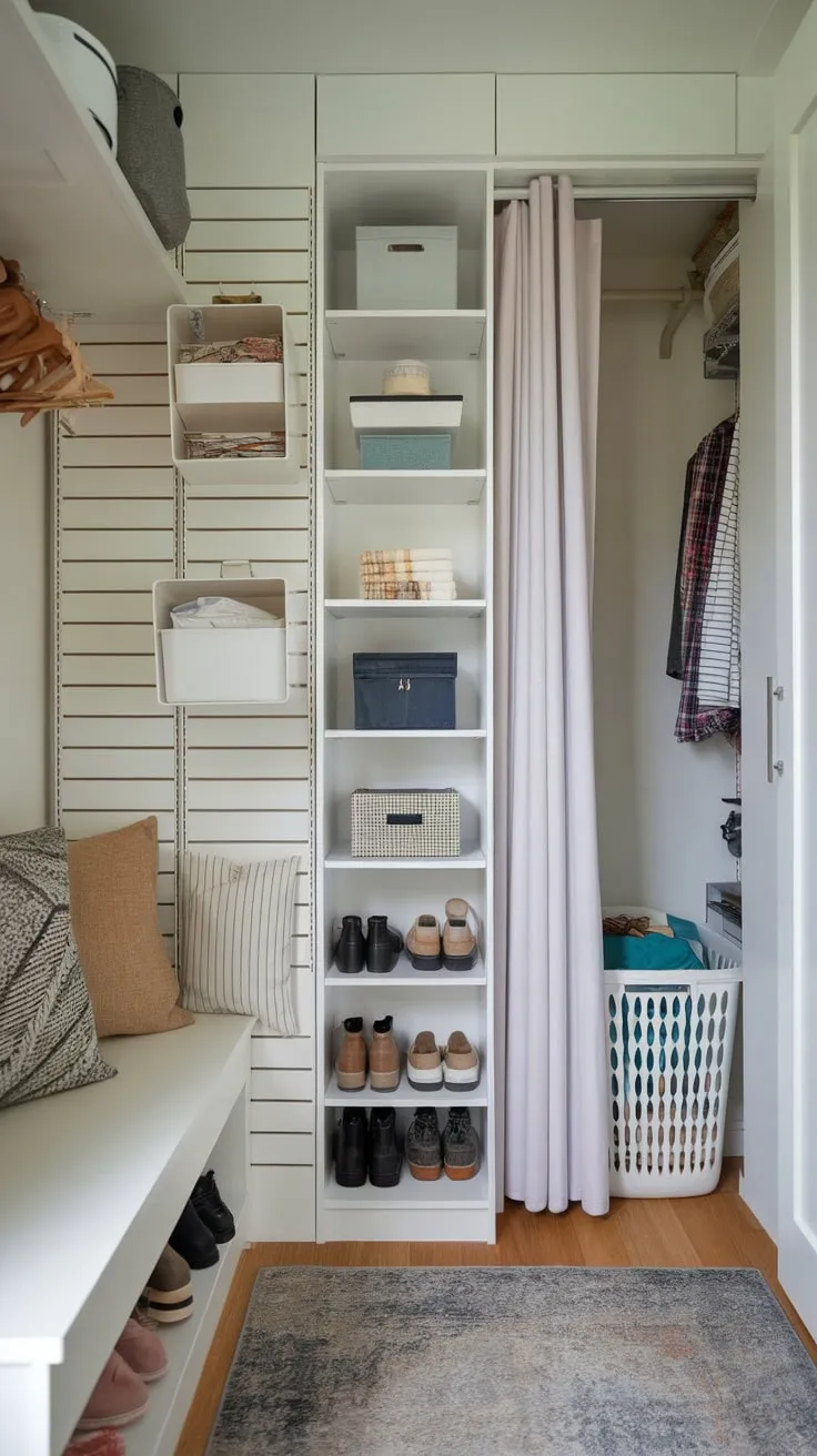 Transform a cramped storage room into an organized haven using space-saving features including a hidden laundry basket, under-bench shoe storage, and wall-mounted shelving.