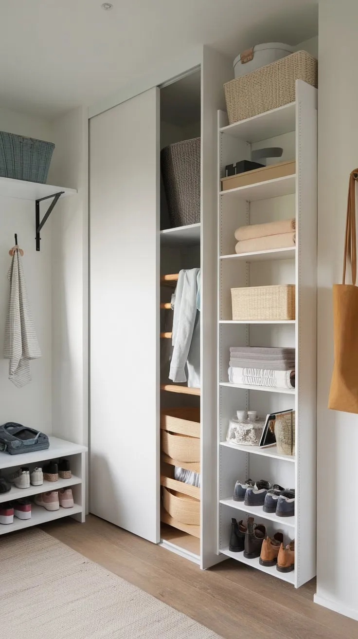 A minimalist small space storage room cleverly utilizes hidden compartments, vertical shelving, and a DIY cabinet to maximize storage potential.