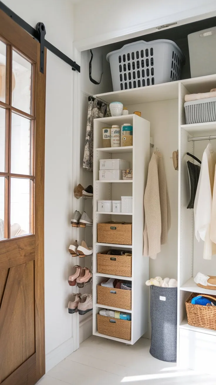 A bright white small space storage room maximizes vertical space with DIY shelving, cleverly concealed shoe and laundry storage, achieving ultimate organization.