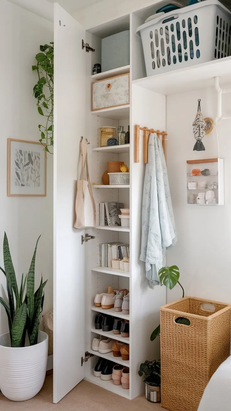 Maximize your small space with a DIY narrow cabinet featuring hidden shoe and laundry storage, achieving an organized and clutter-free room.