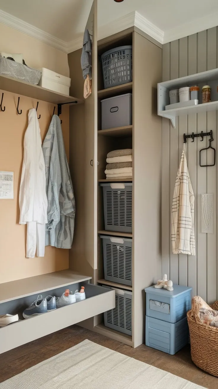 Clever DIY storage hacks transform a tiny room into a functional space with hidden shoe storage, a concealed laundry basket, and vertical hooks in a calming beige and gray palette.