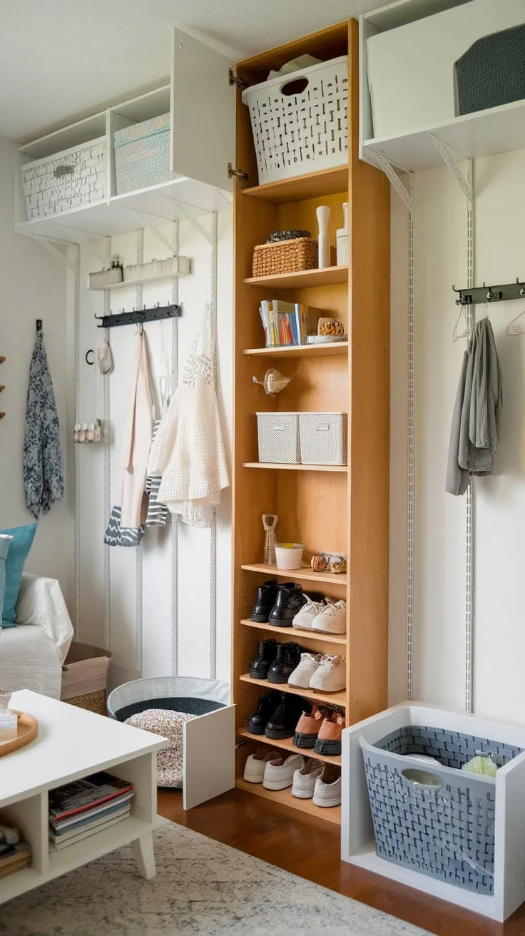 Clever DIY and built-in storage transforms a tiny room into a highly functional and organized haven.