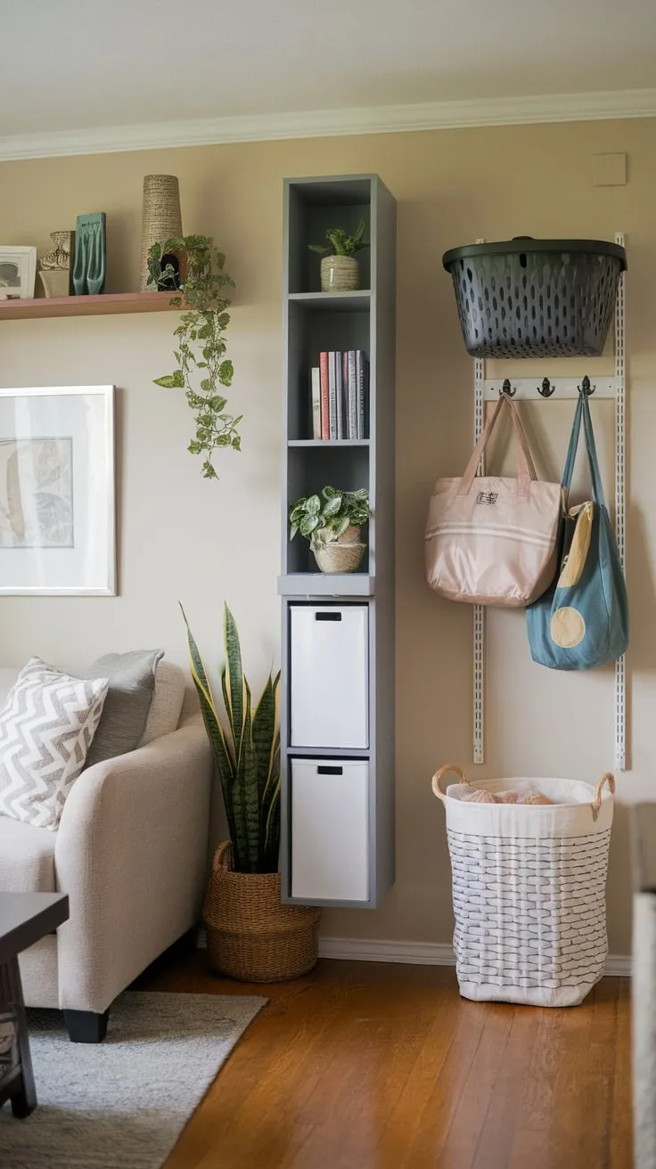 A beige-walled living room cleverly utilizes floating shelves, cabinets, and wall-mounted storage to maximize space and maintain a comfortable atmosphere.