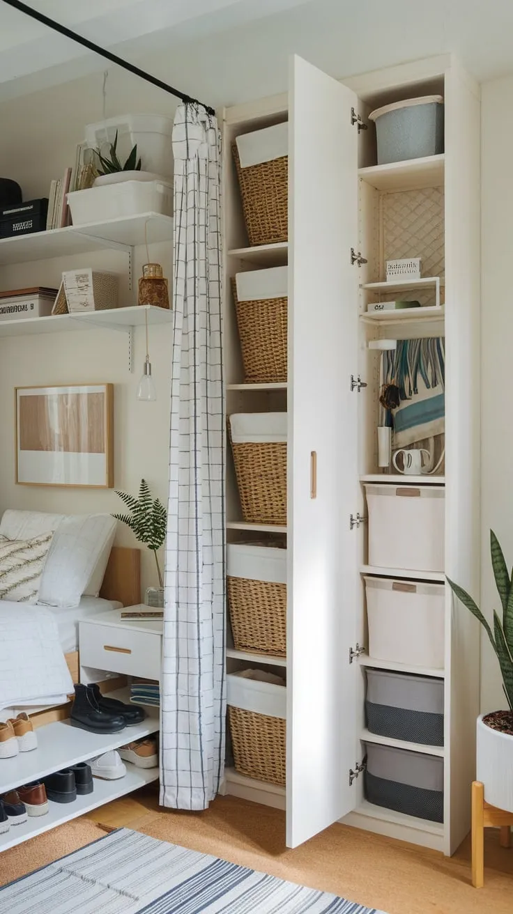 Maximize a small space with clever storage solutions like hidden shoe storage, a concealed laundry hamper, vertical shelving, and a DIY cabinet, all while comfortably fitting a bed, nightstand, and small living area.