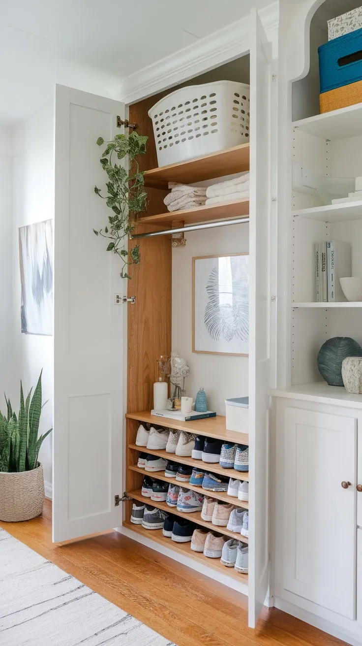 Maximize a small storage room with a DIY multi-shelf wood cabinet, hidden laundry storage, and clever under-cabinet shoe storage for a functional and stylish space