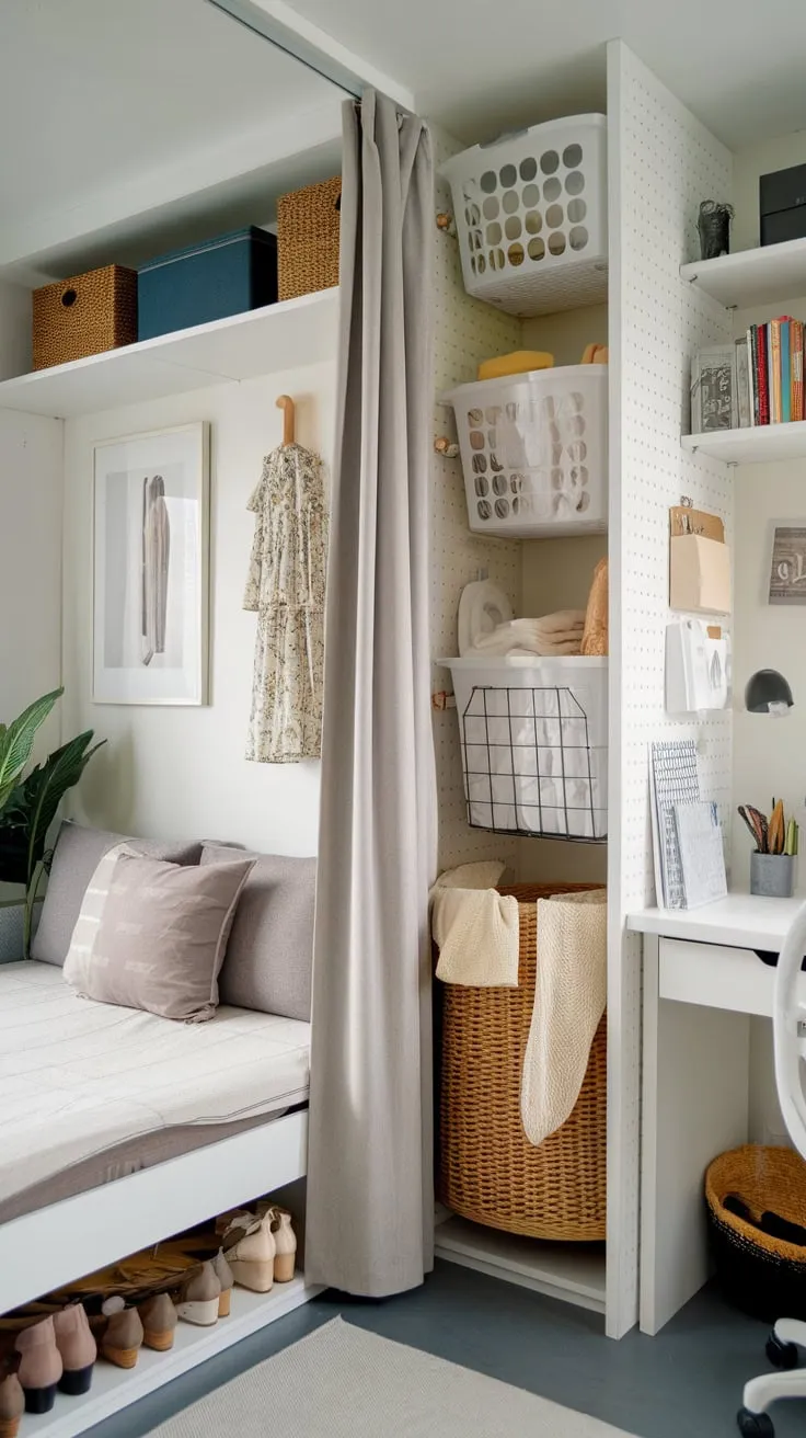 Maximize your small space with clever storage solutions like hidden shoe storage, vertical shelving, and a DIY cabinet, creating a functional and stylish room.