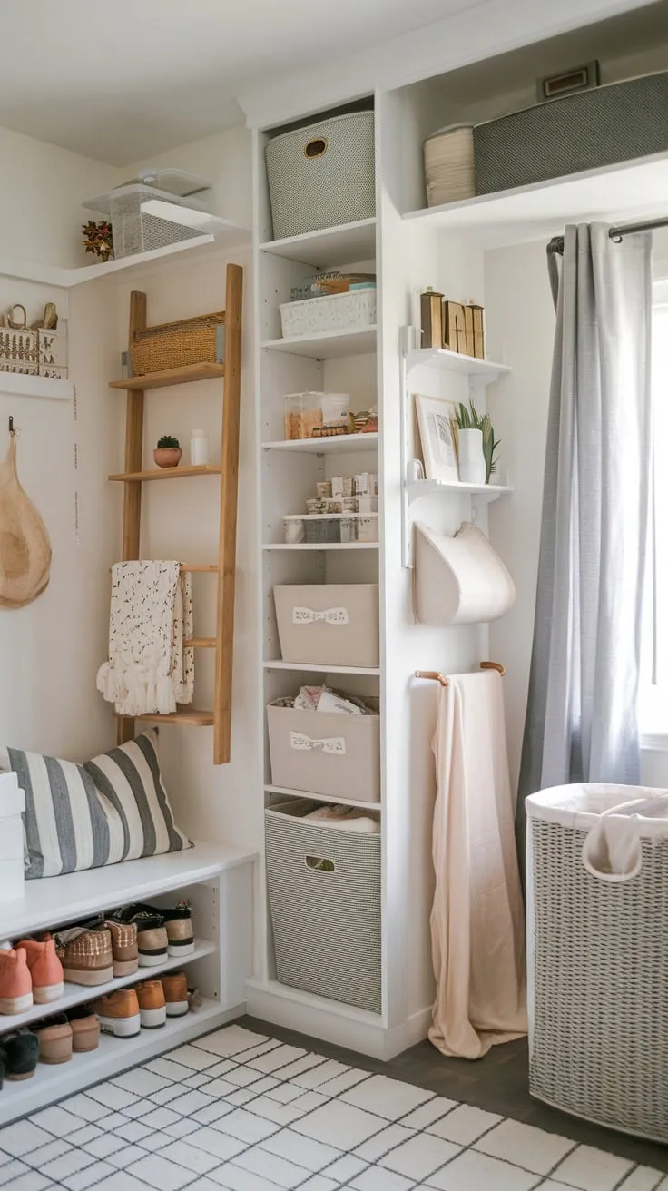 Maximize your small space with clever storage solutions like a DIY cabinet, hidden shoe storage, and vertical shelving, achieving an organized and clutter-free room.