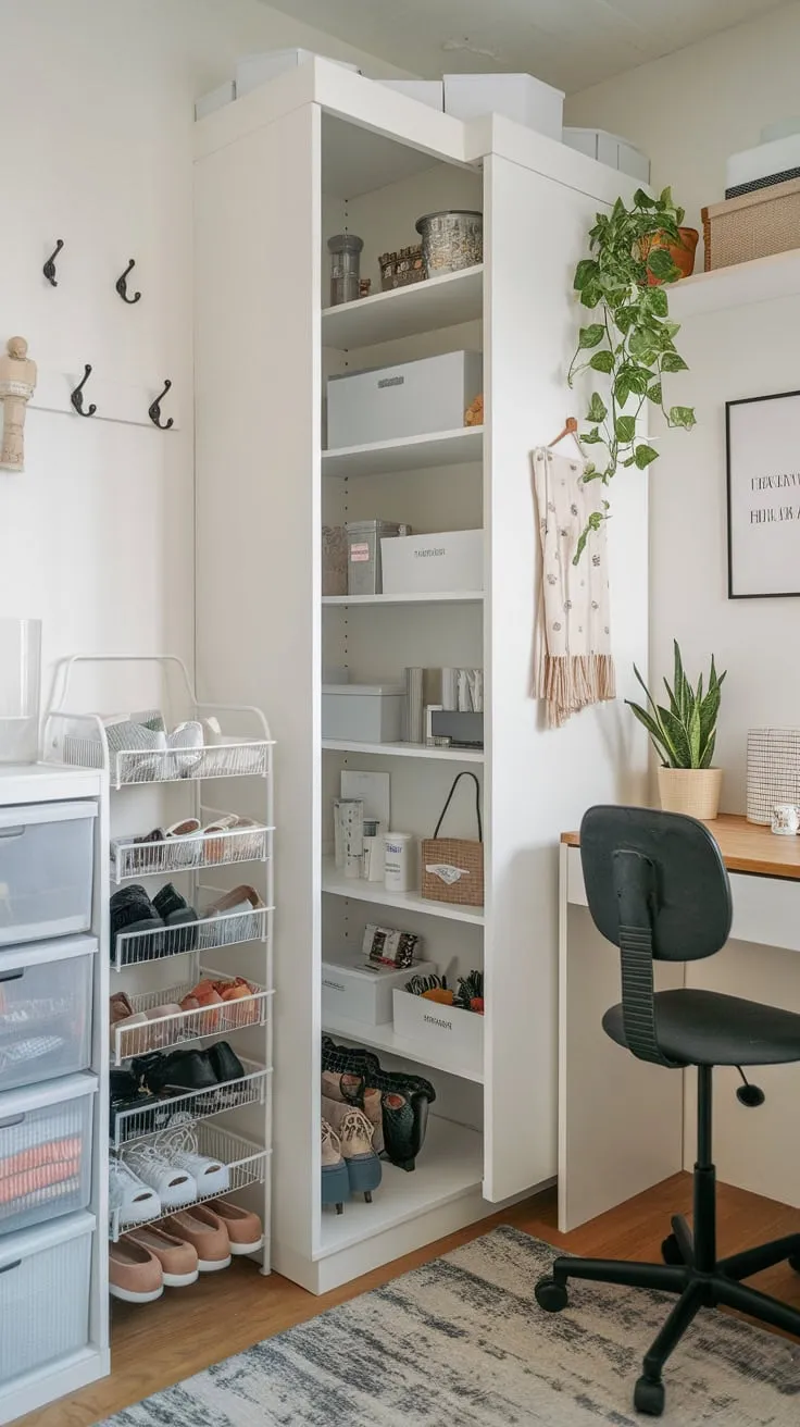 Clever design transforms a small storage room into a practical and stylish workspace using a narrow cabinet, shoe storage, and thoughtful organization.