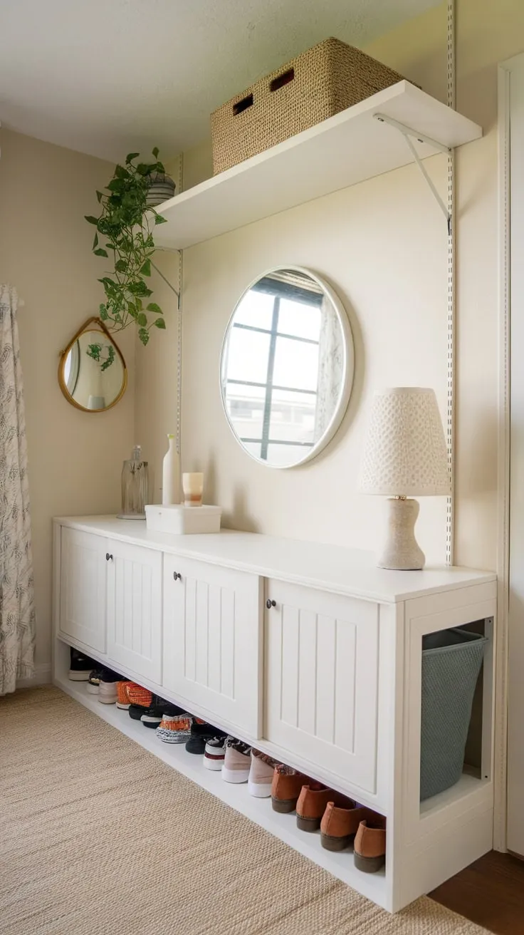A cleverly designed small space boasts a custom built-in cabinet, concealed storage solutions, and tasteful décor to optimize functionality and aesthetics.