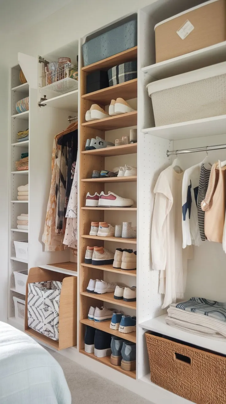A DIY narrow cabinet and vertical storage solutions transform a tiny room into a well-organized haven for shoes, laundry, and more.