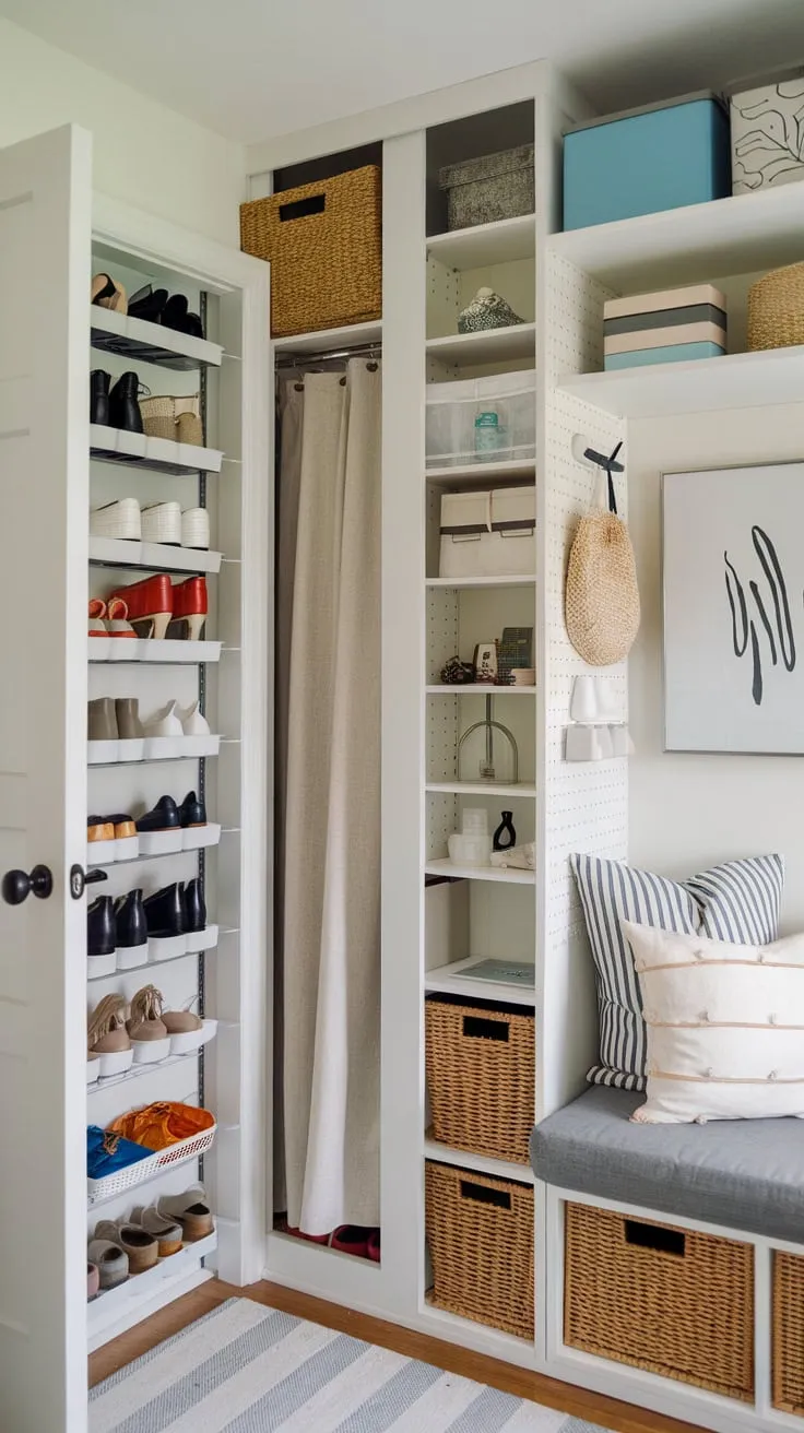 Maximize your small space with clever storage solutions like hidden shoe storage, concealed laundry, vertical shelving, and a DIY cabinet, creating a well-organized haven.