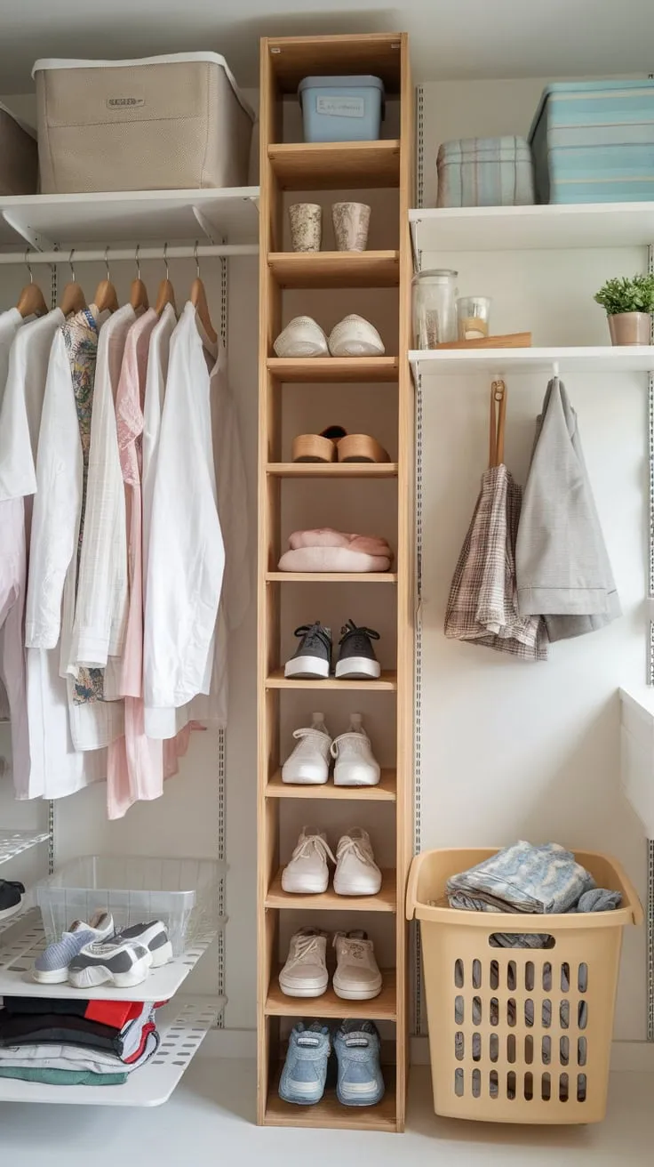 A cleverly designed DIY cabinet and vertical storage systems transform a tiny room into an efficient and organized storage haven.
