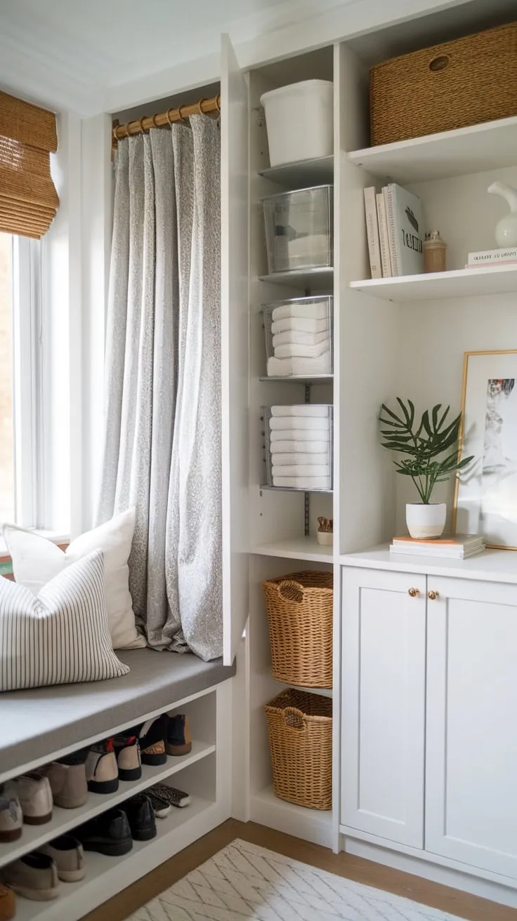 A bright white room showcases ingenious space-saving ideas including hidden storage and vertical shelving for a functional and stylish small space.
