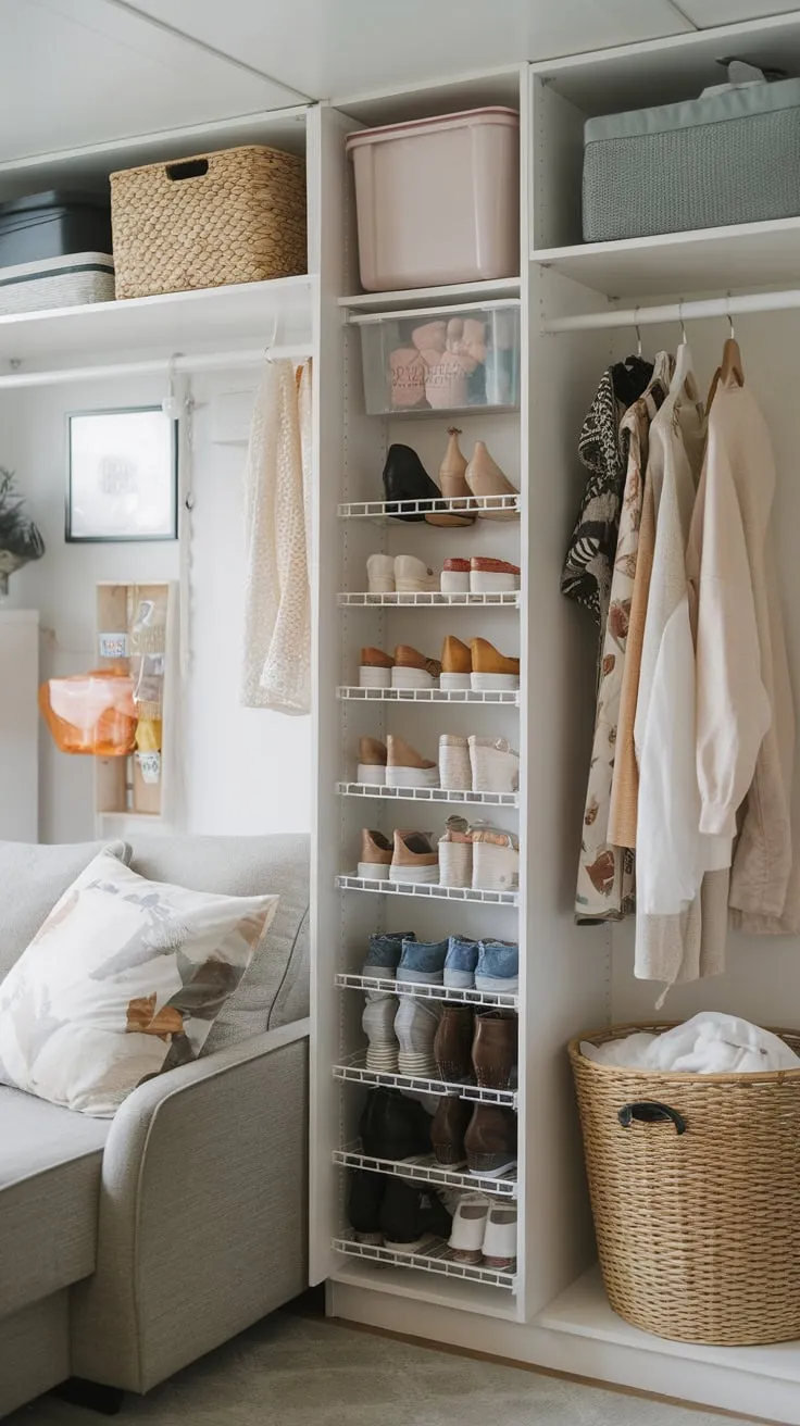 This cleverly designed small space maximizes storage with DIY solutions, seamlessly blending a living room and organized utility area.