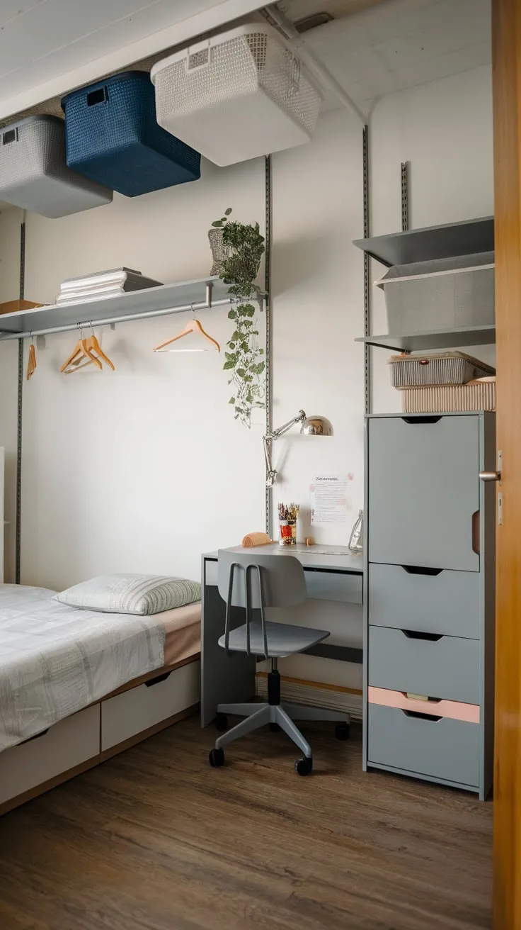 Maximize a small space with a cleverly designed room featuring a bed, desk, wardrobe, and inventive overhead storage.