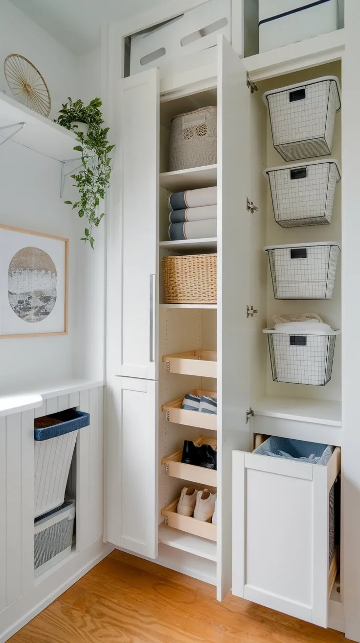 Transform a tiny room into a functional storage haven using innovative space-saving ideas including sliding panels, pull-out drawers, and wall-mounted units.
