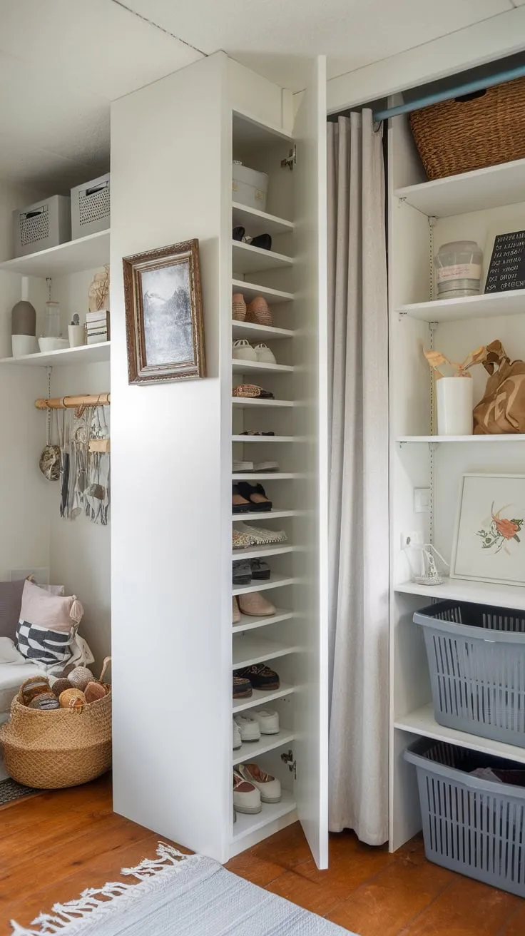 Transform a cramped storage room into an organized haven using clever DIY solutions like a hidden shoe rack, curtain-concealed laundry, and a space-saving white cabinet with floating shelves.