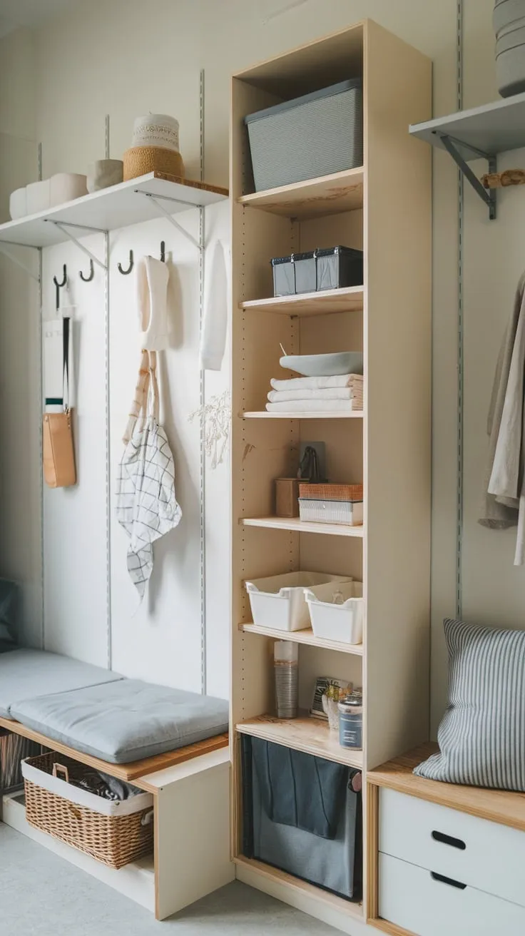 Maximize a minimalist small space with a DIY multi-shelf cabinet, hidden laundry and shoe storage, and vertical wall hooks.