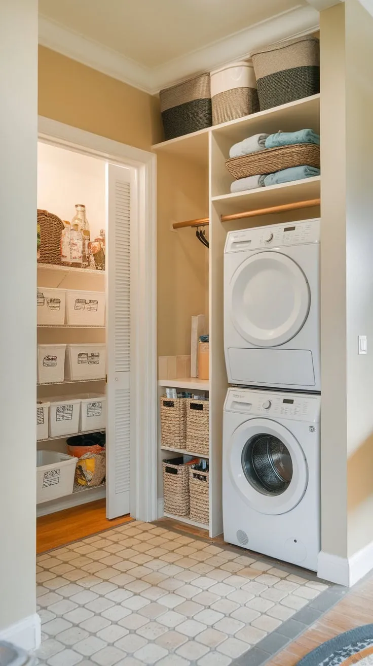 Maximize small-space living with a cleverly designed laundry pantry combo featuring stacked washer-dryer units and ample shelving