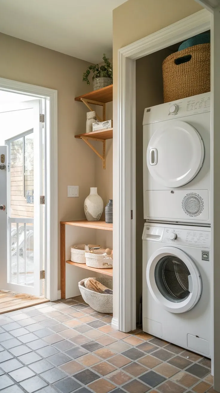 A compact yet functional space unites pantry storage, stacked washer/dryer, and outdoor access in a single, efficiently designed room.