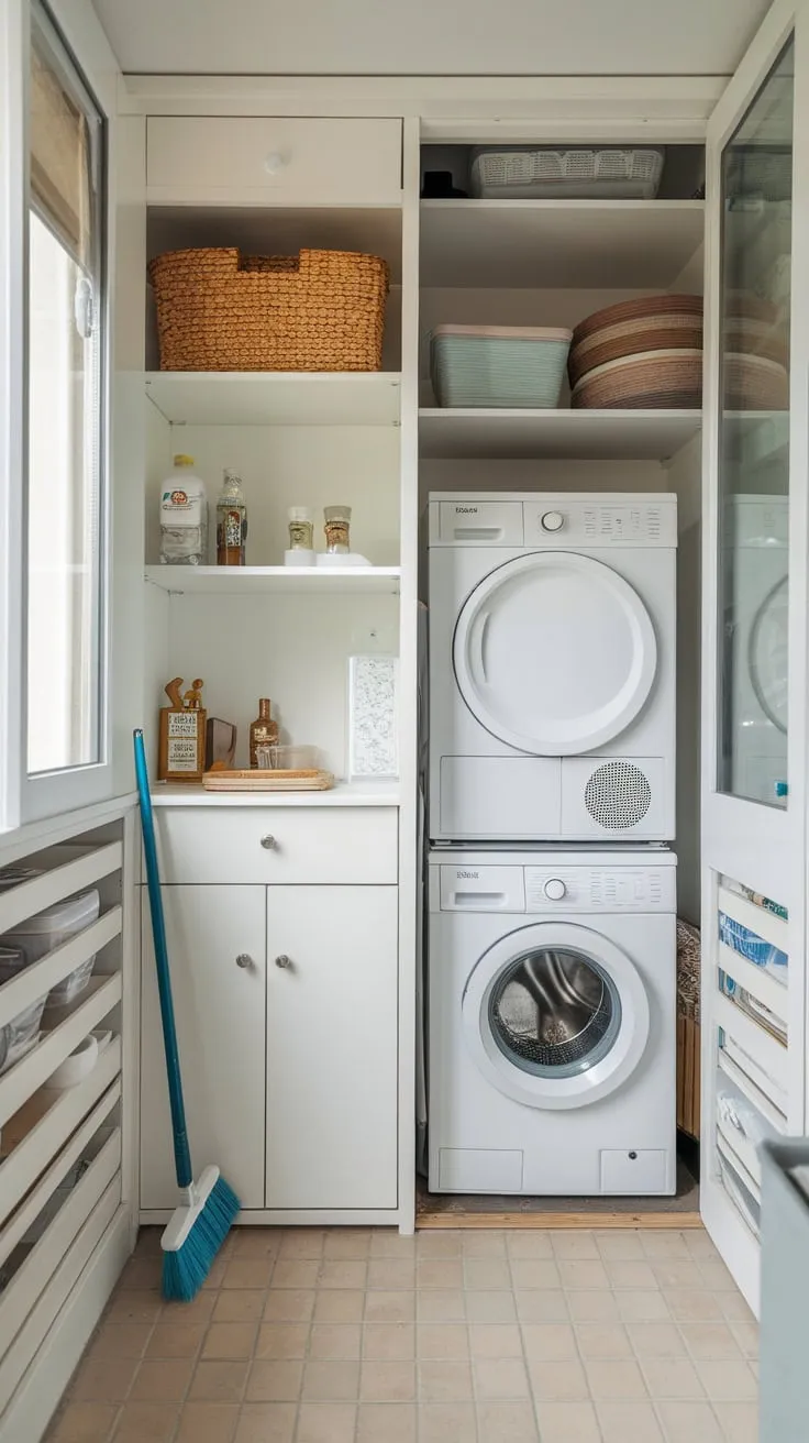 A window-lit tiled room cleverly combines laundry and pantry functions in a compact yet practical design.