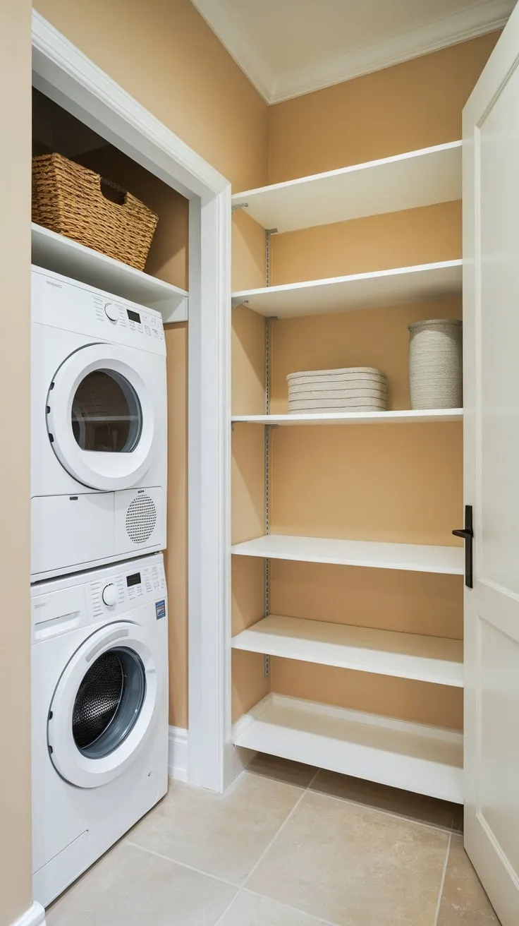 A compact utility room cleverly integrates pantry storage and stacked laundry appliances for streamlined functionality.