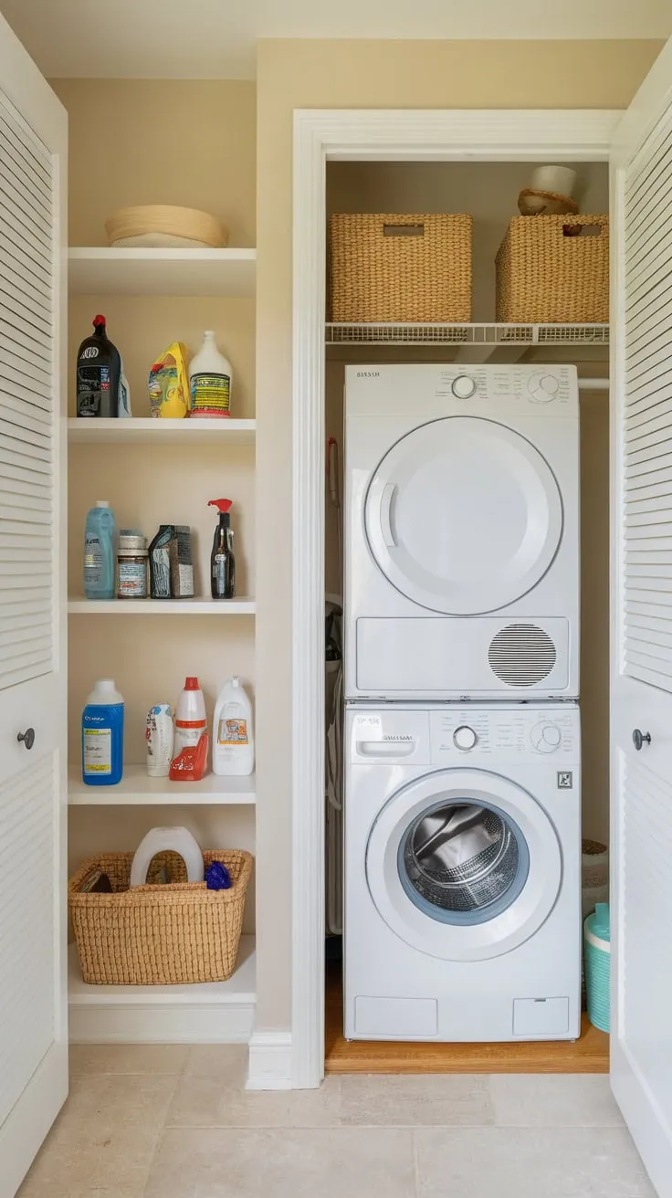 Compact and practical, a small space cleverly integrates laundry and pantry needs in a tiled room with stacked appliances and cleaning supplies.