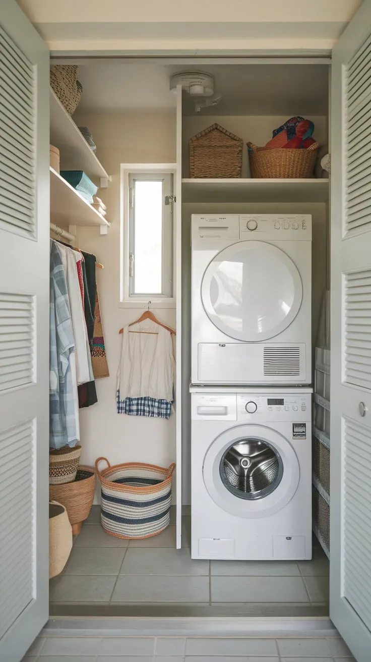 A tiny but mighty laundry room cleverly combines pantry storage and a stacked washer-dryer unit, maximizing space in a bright tiled room.