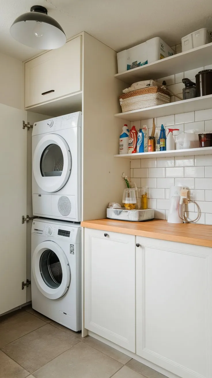 Maximize small space efficiency with a stylish laundry and pantry combo featuring stacked washer/dryer, ample shelving, and a clean white-and-wood aesthetic